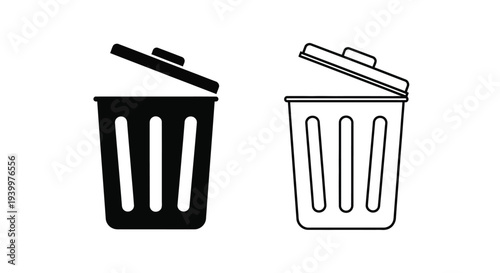 Two black and white illustrations of wastebasket icons with open lids