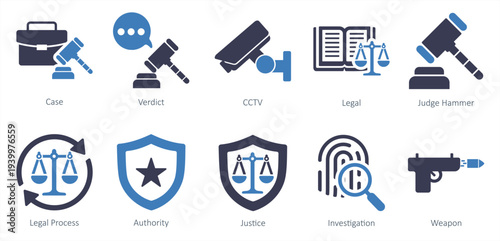 set of justice icons as cctv legal judge hammer