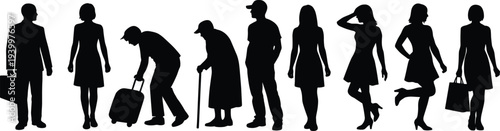 Black silhouettes of diverse people set including businessman woman with shopping bag elderly person with cane and travelers with luggage isolated on white background for design
