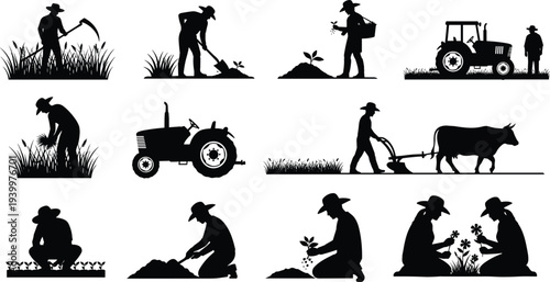 Farmer and Agriculture Silhouette Set Featuring Men and Women Harvesting Planting Plowing with Tractor Cow and Tools Isolated on White Background Vector Illustration (23
