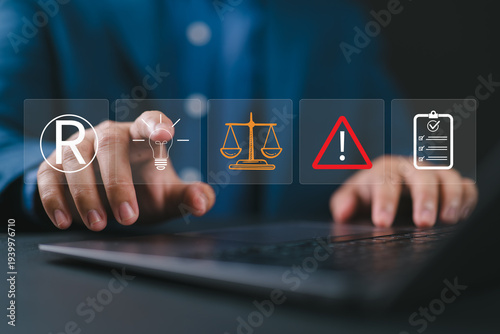 Copyright protection concept with trademark registration and legal protection. Person using laptop with virtual icons representing intellectual property rights and law compliance.