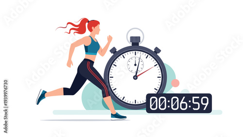 Active woman athlete sprinting forward with a giant stopwatch and digital timer in the background tracking her progress.