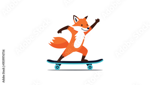 Cheerful orange fox character balancing on a blue skateboard and waving its hand while gliding across the surface.