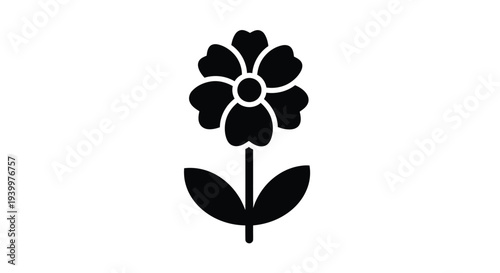Simple black silhouette of a flower with rounded petals and leaves