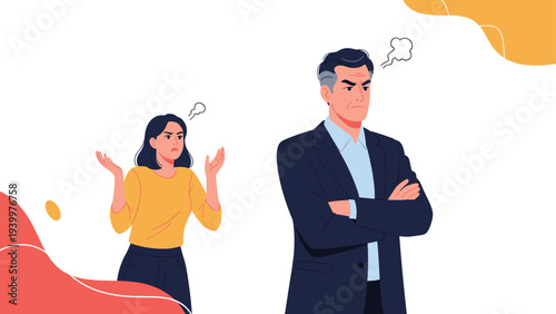 Distressed woman and a stern, angry man with steam coming from his ears standing apart during a heated argument or conflict.