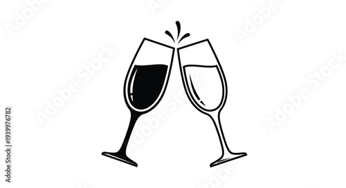 A black and white illustration of two wine glasses toasting each other