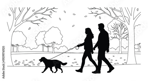 Couple walking a dog through a park during autumn season