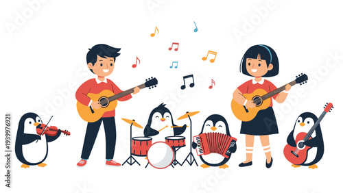 Happy boy and girl playing guitars with cute penguin band performing on violin drums accordion and bass guitar.