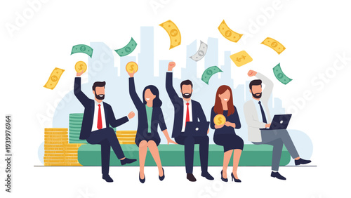 Group of diverse business professionals celebrating financial success as money and gold coins fall around them.