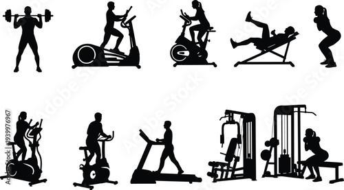 Gym Workout Silhouette Set Featuring People Training on Treadmill Elliptical Stationary Bike Weightlifting and Strength Training Machines Isolated on White Background Vector