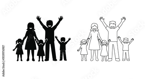 A happy family silhouette illustration with parents and three children