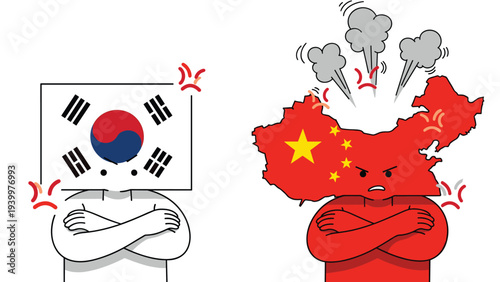 Personified South Korean flag and Chinese map characters with crossed arms expressing anger and diplomatic tension.
