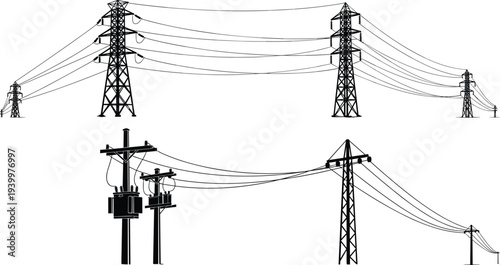High Voltage Power Lines Silhouette Set Featuring Electricity Transmission Towers Utility Poles and Transformers Isolated on White Background for Energy and Industrial Infrastructure Design (25 words)