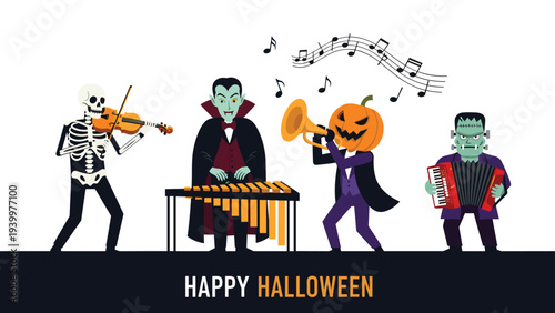 Spooky halloween band featuring a skeleton vampire pumpkin head and frankenstein playing various musical instruments.