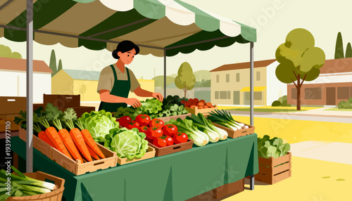 Vendor smiles warmly behind vibrant vegetable stall. Fresh carrots, tomatoes, cabbage, and greens fill wooden crates. Cartoon style draws attention to local, healthy produce. Ideal for farm market