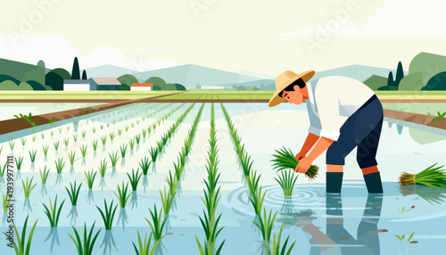 Farmer bends low in shallow water. Green shoots rise from wet soil. Wet boots sink into muddy fields. Soft hills and distant houses frame the scene. Calm, focused effort fills the air