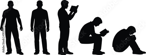 Black silhouettes of men in various standing and sitting poses including reading a book and resting isolated on white background for lifestyle design