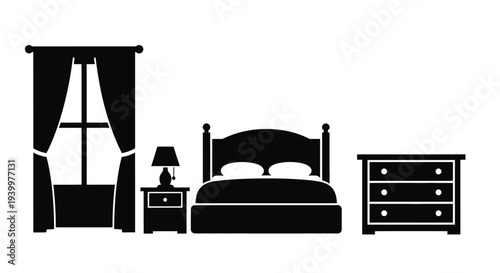 Simple black silhouette depicting a bedroom with bed dresser and window