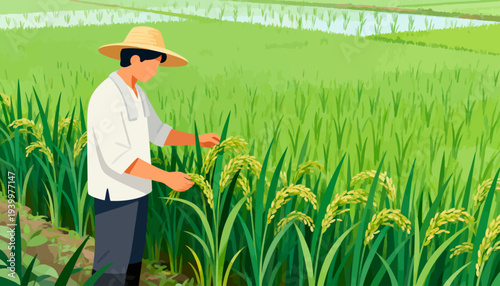 Farmer inspects golden rice in lush green field. Wearing straw hat, he checks crop health with care. Sunny day highlights vibrant green and golden hues. Perfect for agriculture, rural life