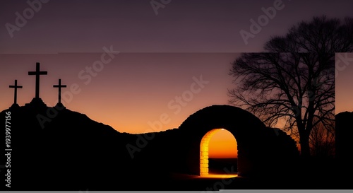 Easter Monday silhouette church and crosses at sunset
