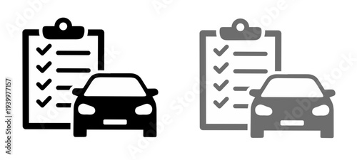 Car inspection checklist document icons with vehicle silhouette design for automotive maintenance service report diagnostic test and rental agreement records