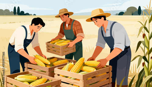 Three farmers harvest golden corn in a sunlit field. They wear hats and overalls, working together. They handle wooden crates, filling them with crops. Their focused smiles reflect satisfaction
