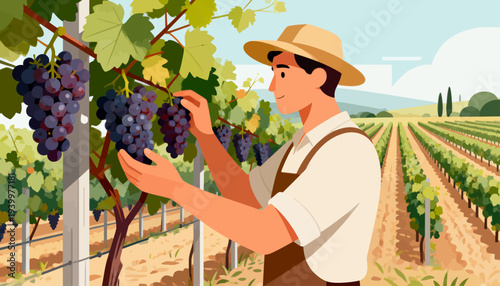 Farmer gently inspects ripe purple grapes. Grape vines stretch through sunlit rows. He wears a straw hat and work apron. Fields extend toward distant hills under blue sky