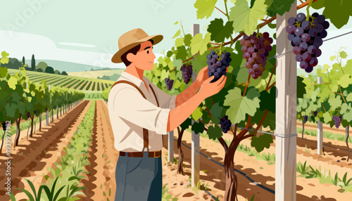 Farmer smiles as he holds ripe grapes. Rows of vines stretch into the distance. Sunlight bathes the vineyard in warmth. He wears a hat and suspenders for comfort. Grapes hang heavy, purple and juicy