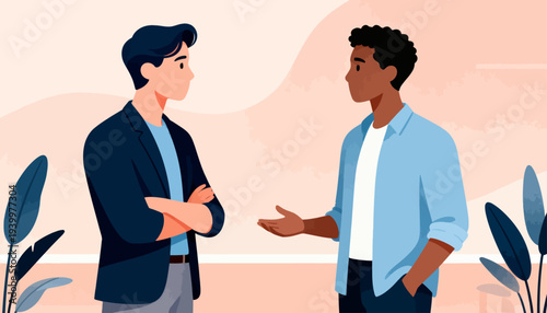 Two men converse in a soft, minimalist setting. One gestures openly, the other stands with arms crossed. Warm tones and leafy plants frame the scene