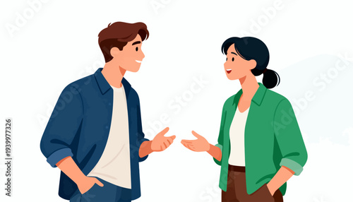 Two people converse with open gestures and friendly smiles. Their body language shows mutual engagement and warmth. Ideal for scenes of collaboration, teamwork, or customer service