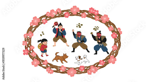 Traditional Japanese characters including demons and children surrounded by a circular vine wreath with cherry blossoms.