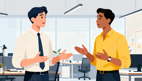 Two men converse in a modern office space. They gesture warmly, showing active engagement. One wears a shirt and tie, the other a bright yellow shirt