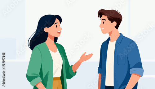 Two people converse warmly in a bright, modern space. Their smiles suggest friendly, engaging dialogue. Cartoon style enhances clarity and visual appeal. Ideal for business, education