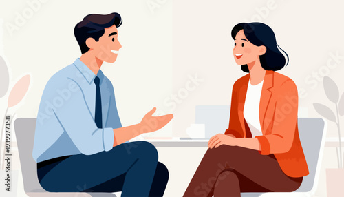 Two people sit across a table, engaged in a calm conversation. They gesture and smile, suggesting mutual understanding and trust. The setting feels professional yet warm, perfect for business meetings