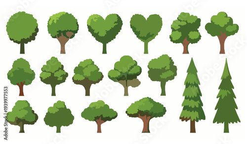 Playful cartoon tree vector set with dense leafy crowns forest and garden plant collection isolated on white background
