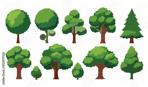 Cute cartoon trees vector collection with lush green foliage forest and park plant elements isolated on white background