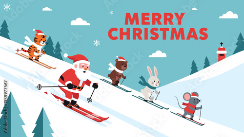 Santa claus skiing down a snowy mountain alongside a tiger bear rabbit and mouse for merry christmas greetings.