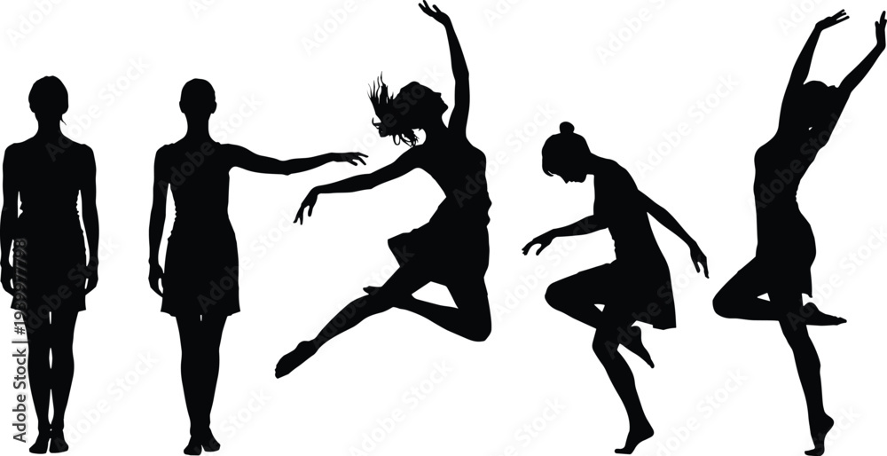 Obraz premium Black silhouettes of women in graceful dancing and leaping poses including ballet and contemporary dance movements isolated on white background for creative artistic design