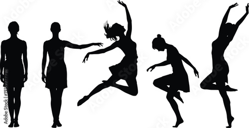 Black silhouettes of women in graceful dancing and leaping poses including ballet and contemporary dance movements isolated on white background for creative artistic design