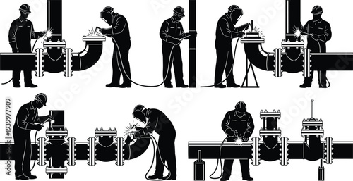 Professional Industrial Welder and Pipefitter Silhouette Set Featuring Workers Welding Large Pipelines and Steel Joints Isolated on White Background for Construction and Engineering Vector 