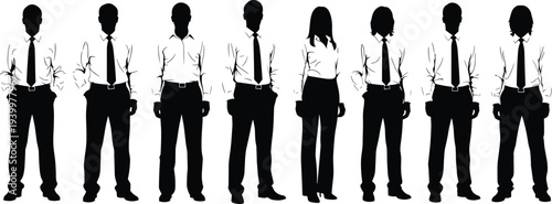 Professional Business People Silhouette Set Featuring Men and Women in Formal Office Attire With Dress Shirts and Neckties Isolated on White Background Vector Illustration (25 words)