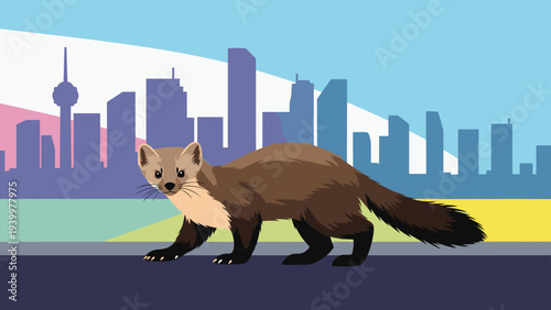 Wild brown sable walking along a street with a modern city skyline and tall buildings in the background at sunset.
