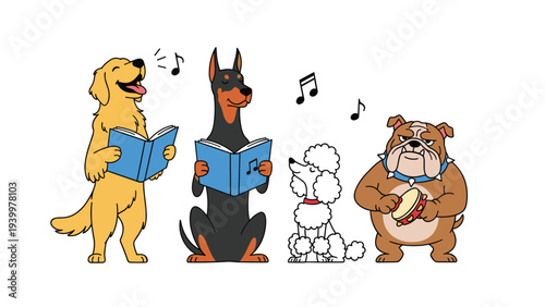 Diverse group of dogs including a golden retriever and doberman singing from books while a bulldog plays tambourine.