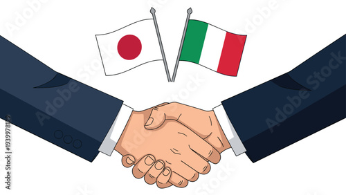 Two business hands in suits shaking firmly with the national flags of Japan and Italy crossed in the background.