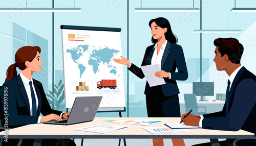 Professional women and men collaborate in a bright office space. One woman presents data via a world map and truck illustration. Another uses a laptop, focused on the presentation