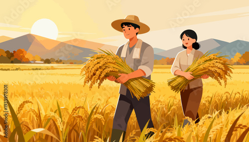 Golden fields stretch wide under a warm, setting sun. Two figures stand proudly, arms laden with harvest bundles. They wear simple clothing and wide-brimmed hats