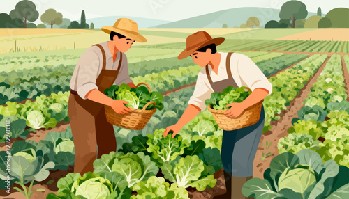 Two farmers harvest cabbage in a green field. They wear hats and aprons, working side by side. Each carries a woven basket filled with fresh produce