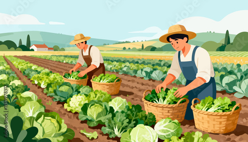 Two farmers harvest cabbage in a sunlit field. Wearing hats and aprons, they work gently. Baskets filled with fresh greens sit beside them. Rows of crisp cabbage stretch toward distant hills