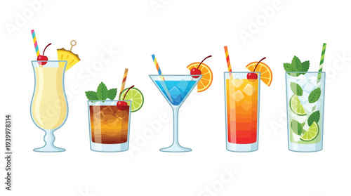 A vibrant collection of five distinct tropical cocktails, each uniquely garnished and presented in elegant glassware, perfect for a summer celebration.