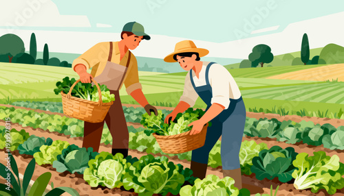 Two farmers harvest fresh cabbage in a sunny field. They smile, working together with baskets full of produce. Rural peace and hard work define this simple moment. Ideal for farm life, food safety